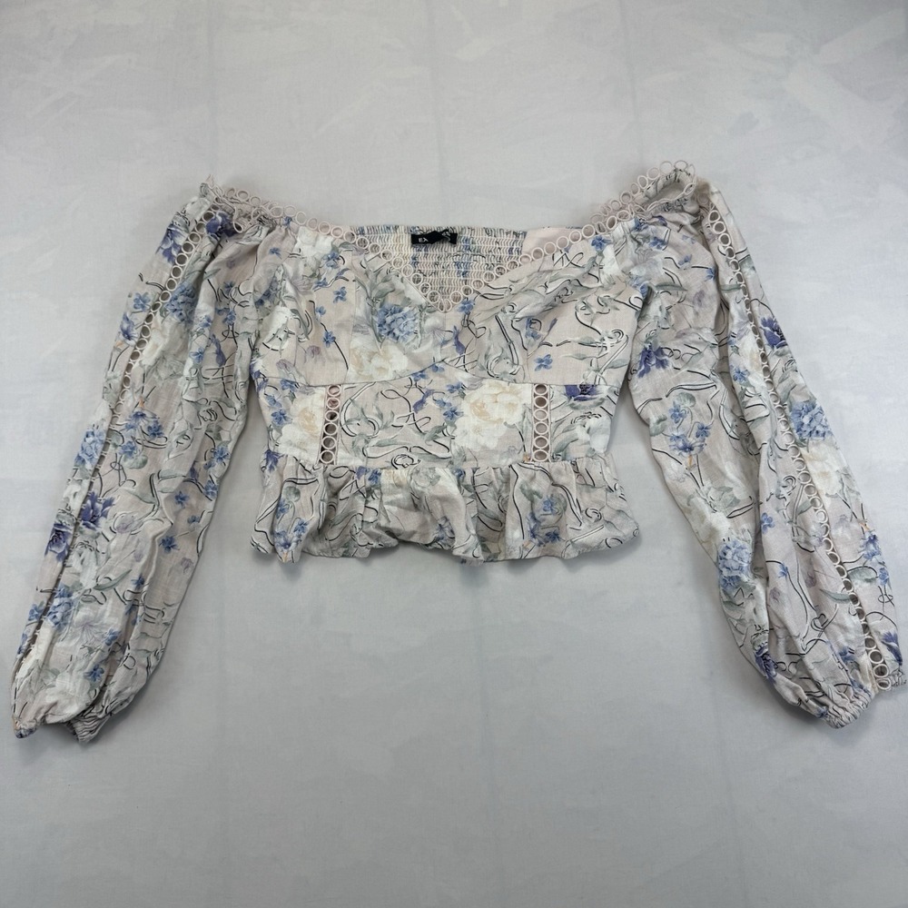 Express Floral Square Neck Crop Linen Blouse S Smocked Lace Trim Puff Sleeve